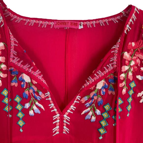 Johnny Was Vanessa Blouse Small Pink Embroidered Long Sleeve Tunic Boho Luxe - Picture 3 of 6